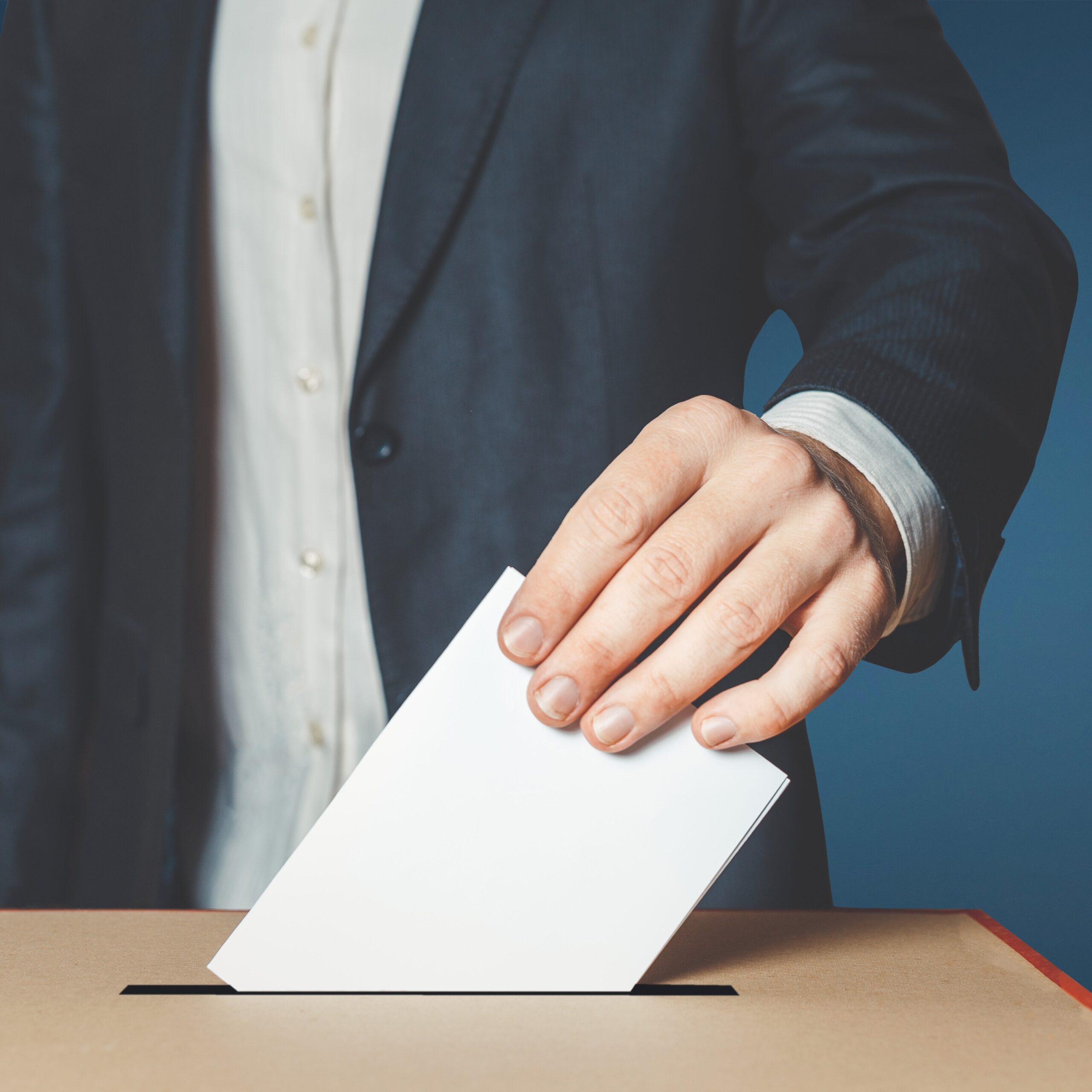 Man Voiter Putting Ballot Into Voting box. Democracy Freedom Concept