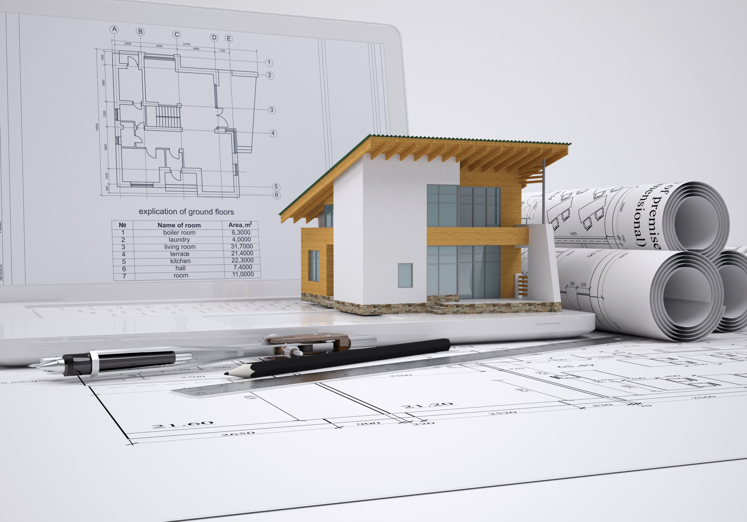 Scrolls architectural drawings and small house